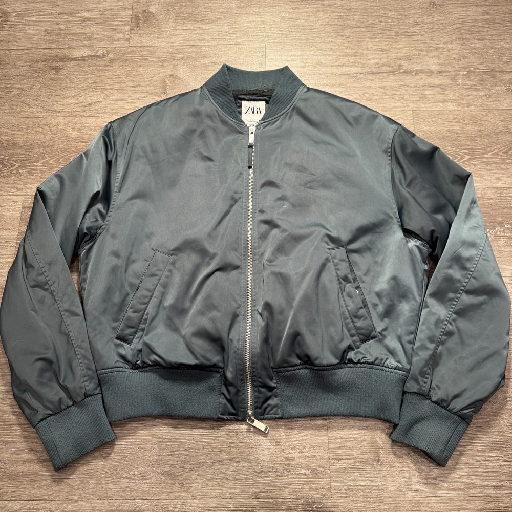 Zara‎ Bomber Jacket Mens XL Blue Satin Full Zip Mock Neck Casual Gorpcore Sleek